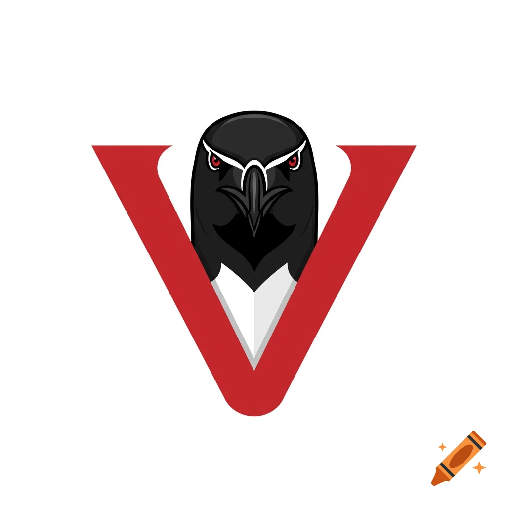 Stylized black razorbill head with red highlights forming a letter V logo against a white background.