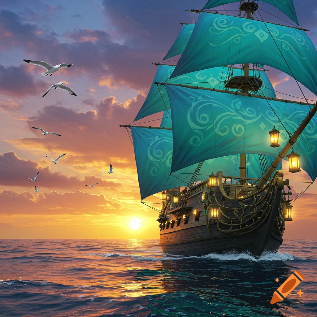 An ornate animated ship with turquoise sails and glowing lanterns sails on a calm ocean at sunset, with seagulls in the colorful sky.