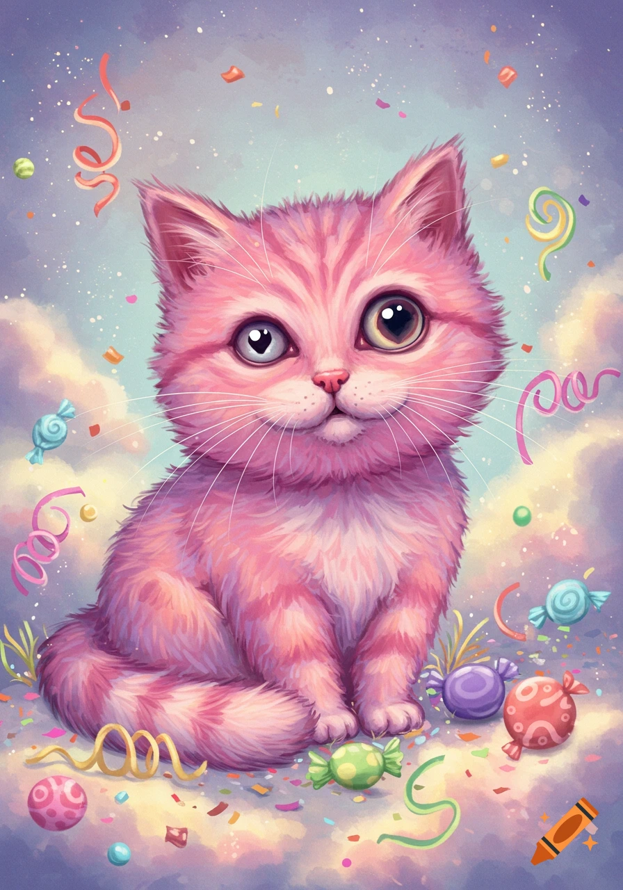 A pink cartoon kitten with large, mismatched eyes sits among colorful confetti and candies on a cloud-like background.