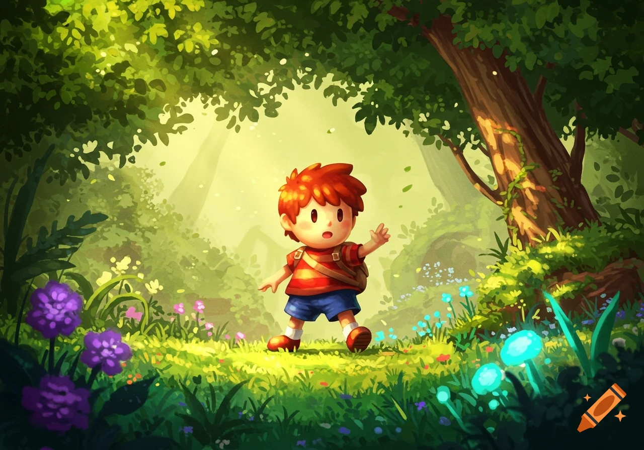 A cartoon boy with red hair and a red striped shirt stands in a lush, magical forest with glowing plants, looking surprised.