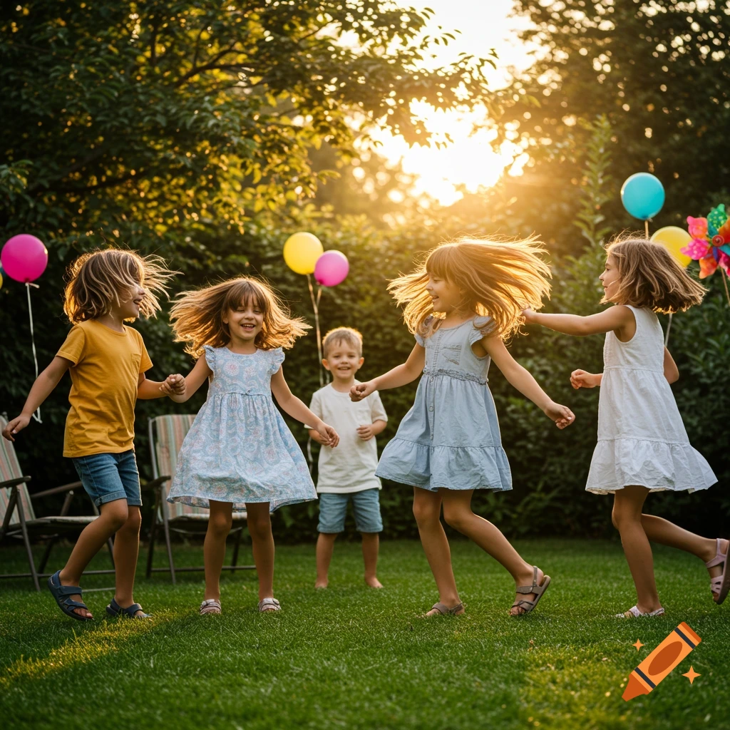 Four happy children dance in a sunny backyard with colorful balloons during golden hour.