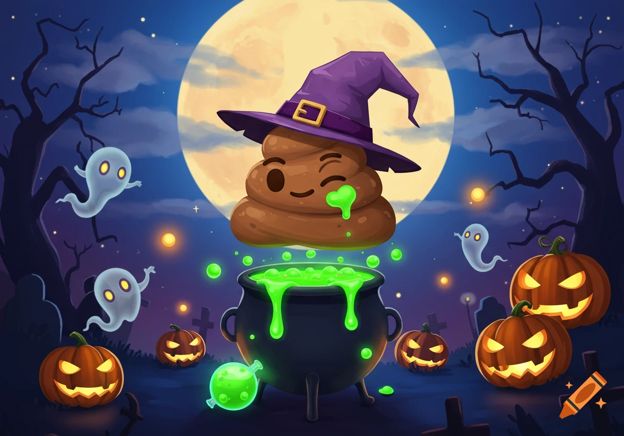 A cute cartoon poop emoji with a witch hat floats above a bubbling cauldron in a spooky Halloween graveyard with ghosts and jack-o'-lanterns.