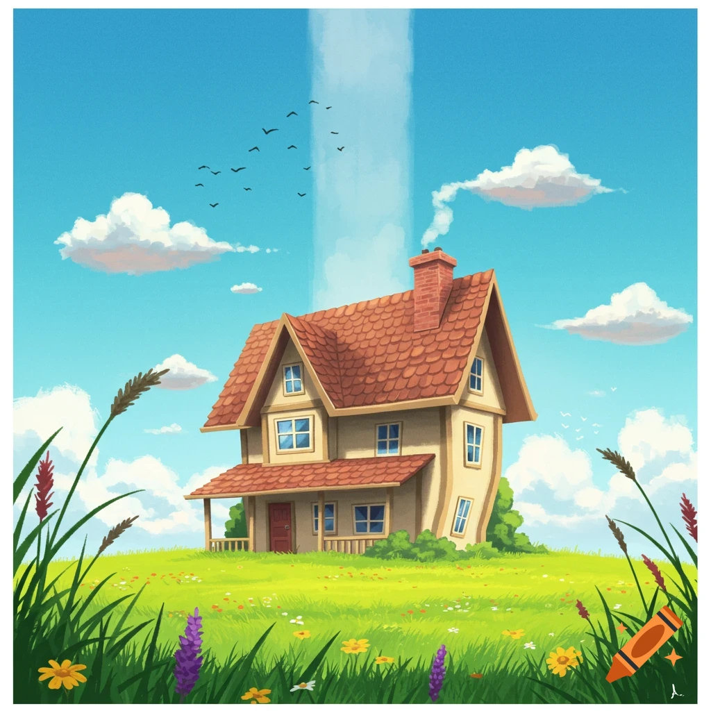Whimsical cartoon illustration of a distorted house on a green hill under a bright blue sky.