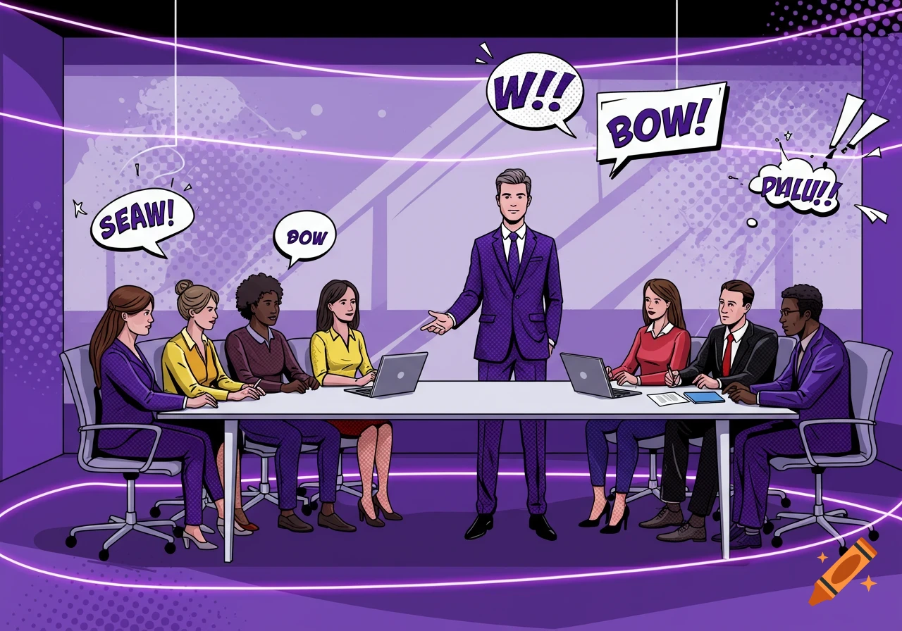 Comic pop art illustration of a man presenting to a diverse business panel in a meeting room with purple lighting.