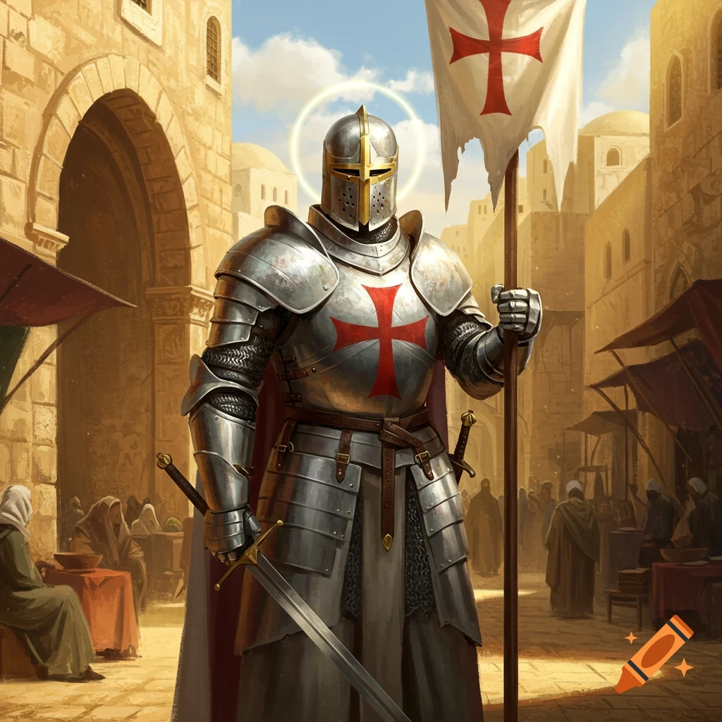 A heavily armored Knight Templar stands in a sunlit medieval market street, holding a white flag with a red cross.
