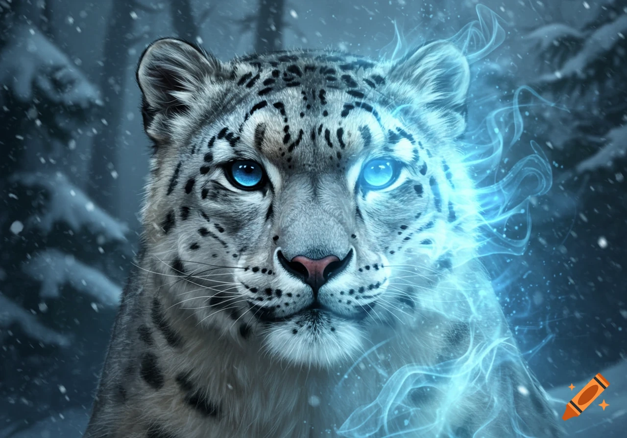 Close-up of a snow leopard's face in a snowy forest, with blue, ghost-like energy glowing from its left side.