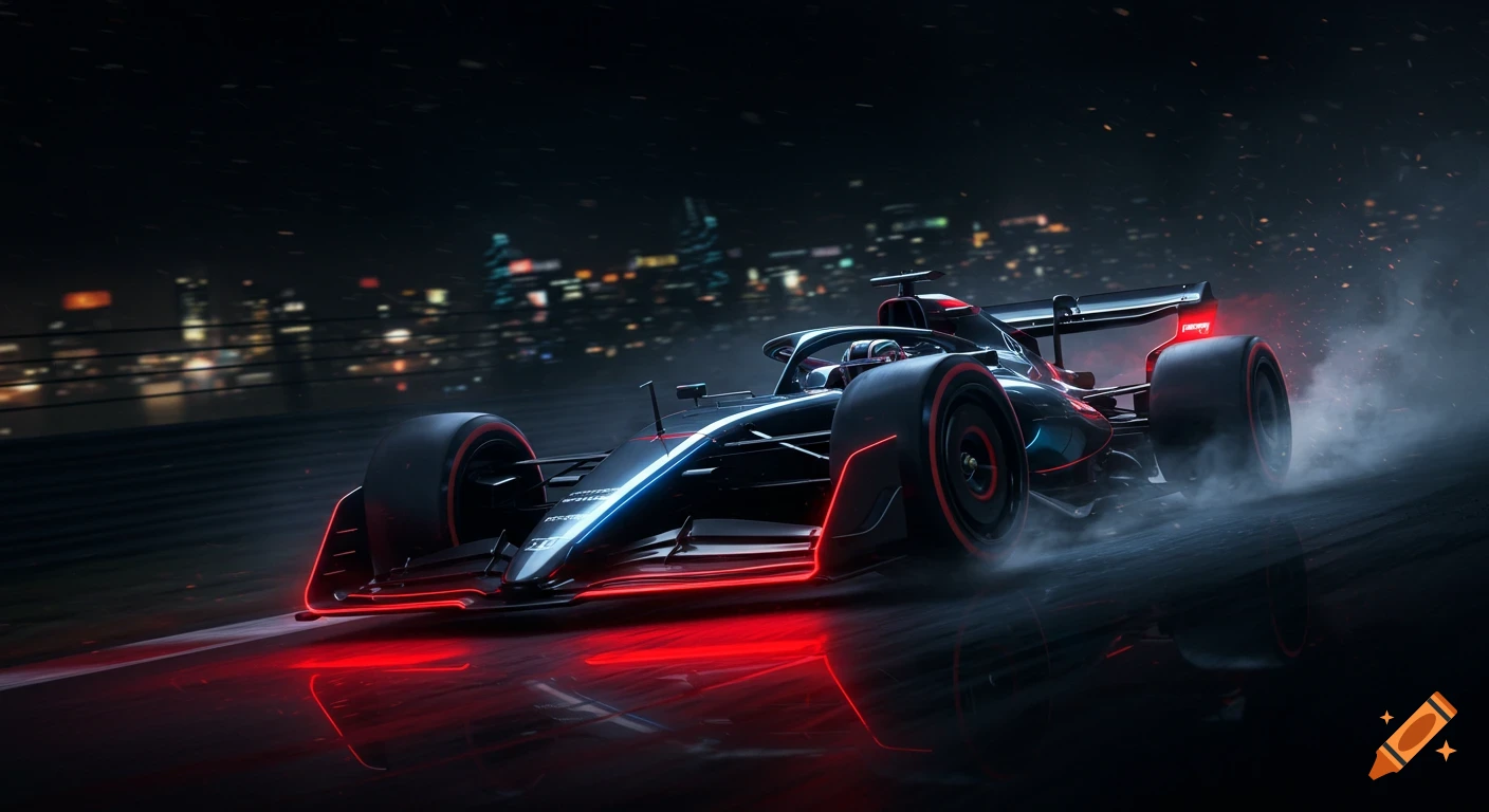 A sleek, black futuristic F1 race car with glowing red and blue lights speeds through a dark city street at night, leaving a trail of smoke.