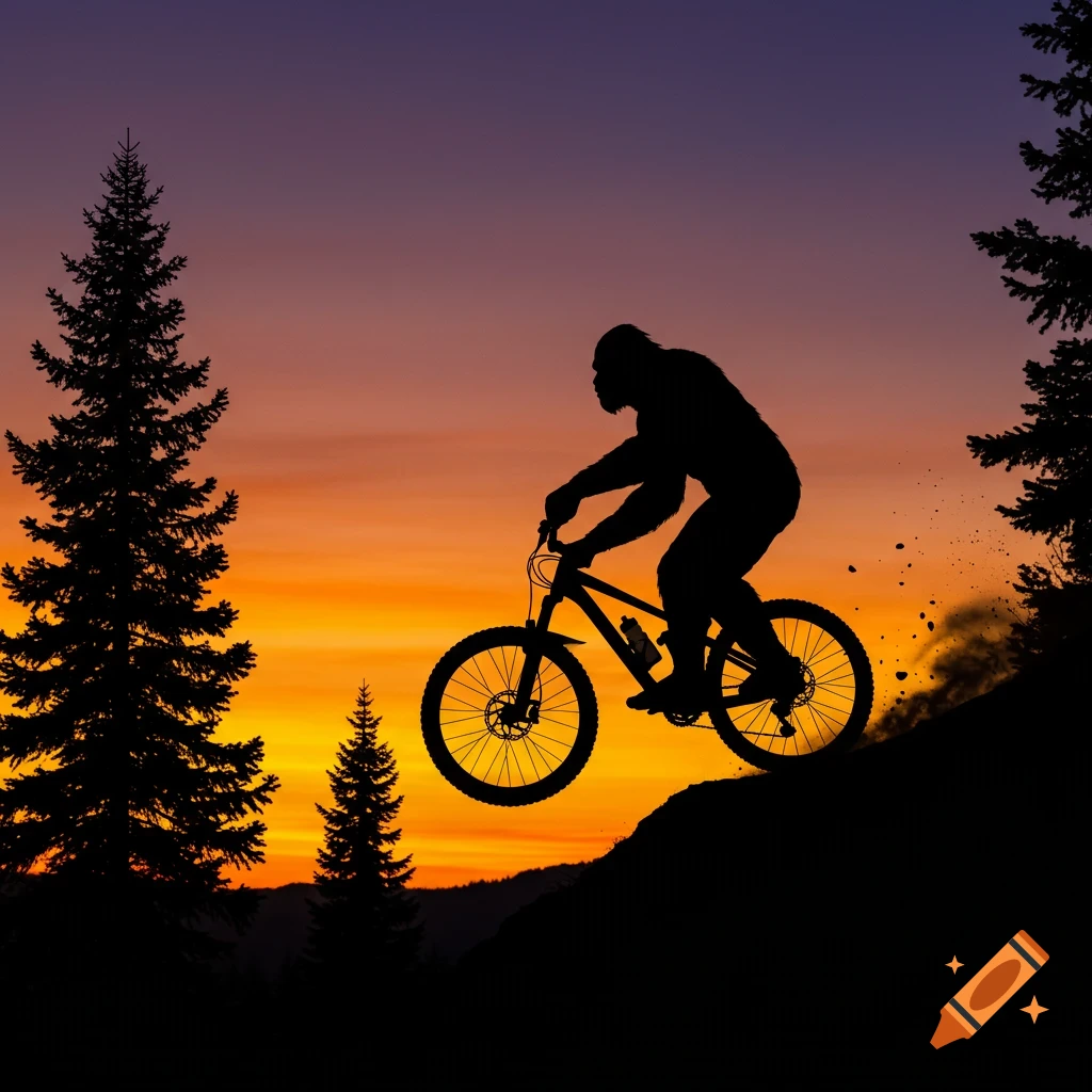 Silhouette of Bigfoot riding a mountain bike downhill at sunset through a forest.