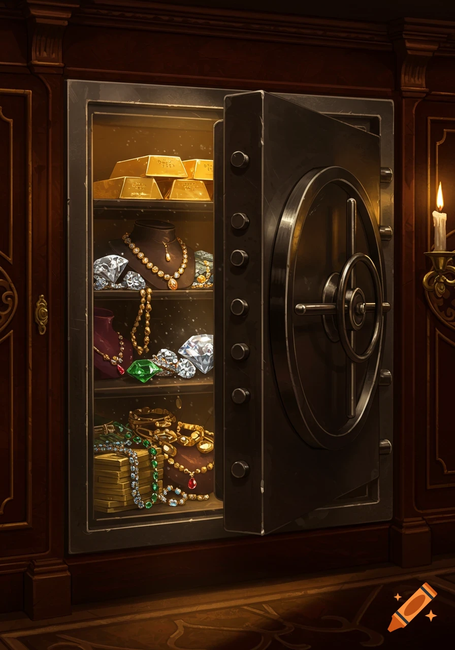 A dark, ornate wooden room with an open safe filled with gold bars, sparkling diamonds, and elaborate jewelry.
