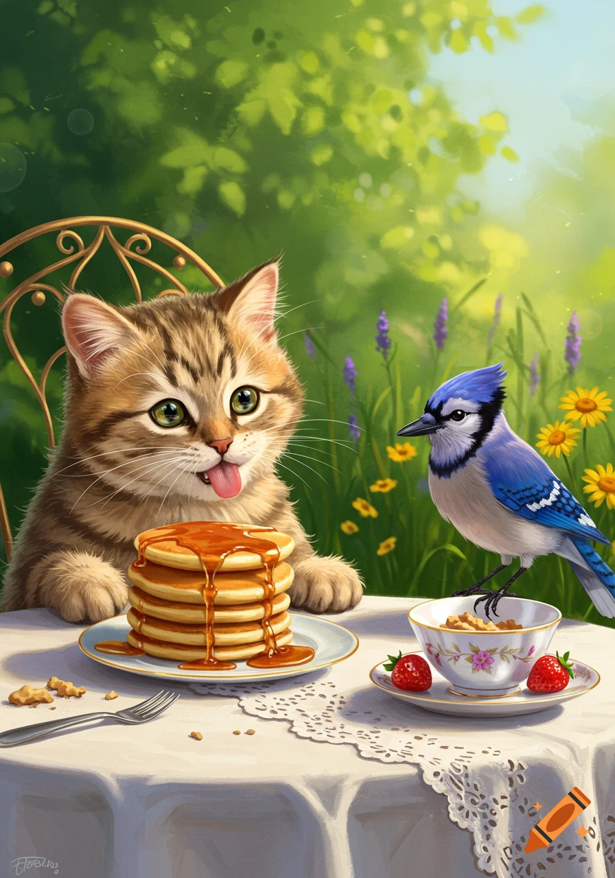 A cute tabby kitten and a blue jay share a breakfast of pancakes and berries at a table in a lush garden.