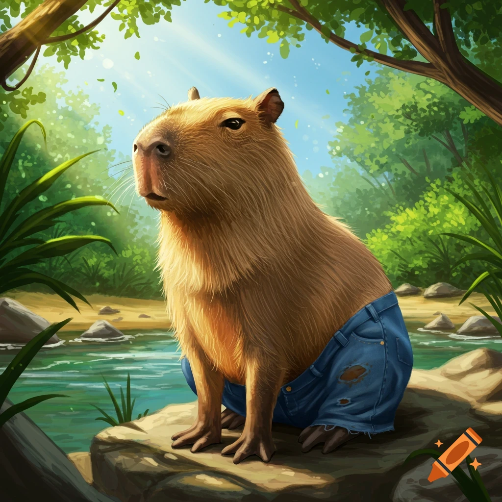 A capybara wearing distressed blue jeans sits on a rock by a river in a vibrant, lush forest illustration.