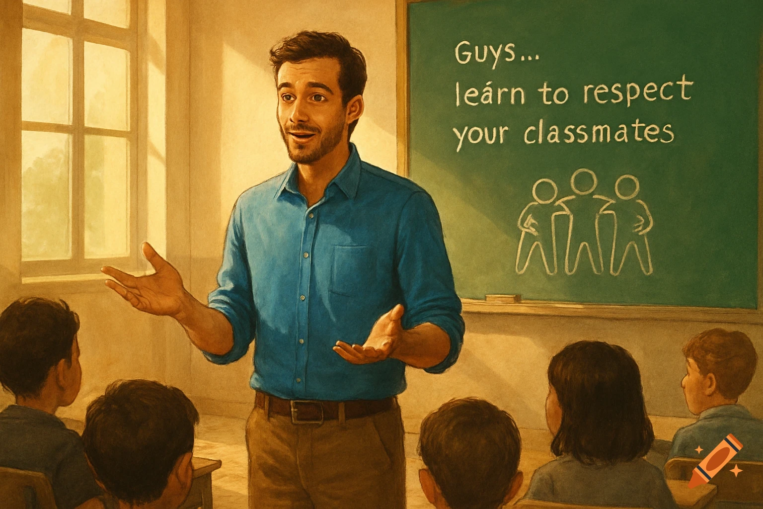 An illustration of a male teacher speaking to students in a classroom, with the text 'Guys... learn to respect your classmates' on a chalkboard.
