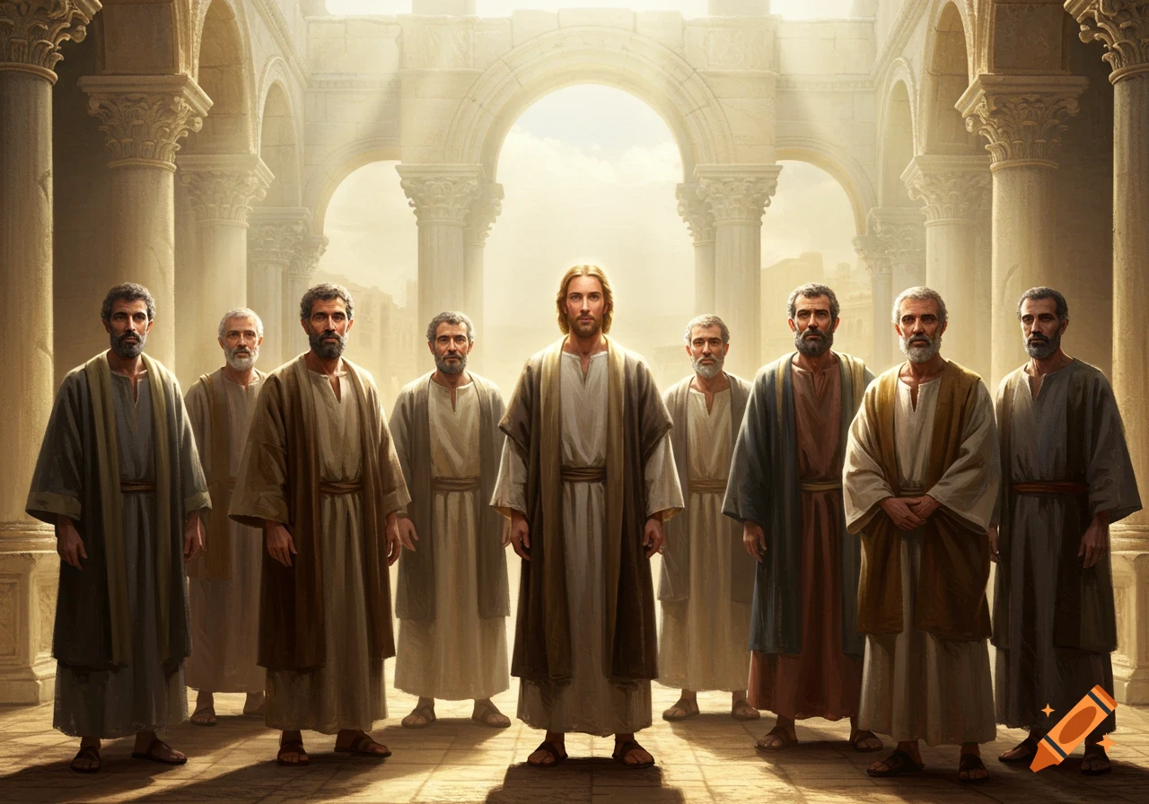 Jesus and eight apostles stand together in an ancient columned hall under bright light, posing for a photo.