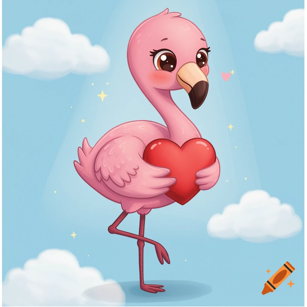 A cute, pink cartoon flamingo with large eyes stands on one leg, holding a red heart against a light blue sky with white clouds and sparkles.