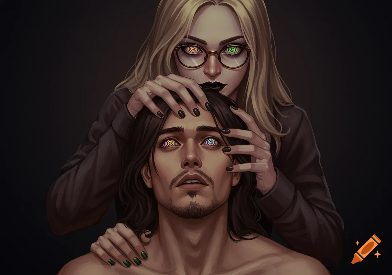 A blonde woman in glasses with dark lipstick hypnotizes a man, their eyes filled with colorful spirals in a dark setting.