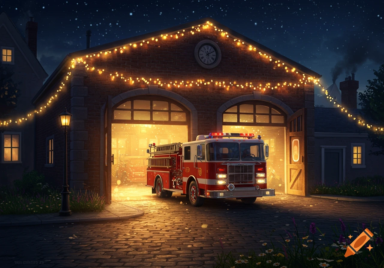 A red and white fire truck with flashing lights parked in front of a brick fire station adorned with warm glowing fairy lights at night.