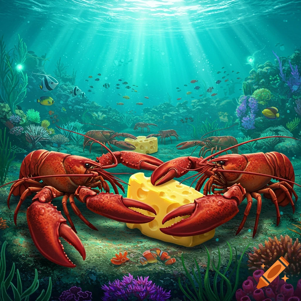 Several red lobsters gather around a large block of Swiss cheese on the ocean floor, surrounded by vibrant coral and fish under sunlit water.