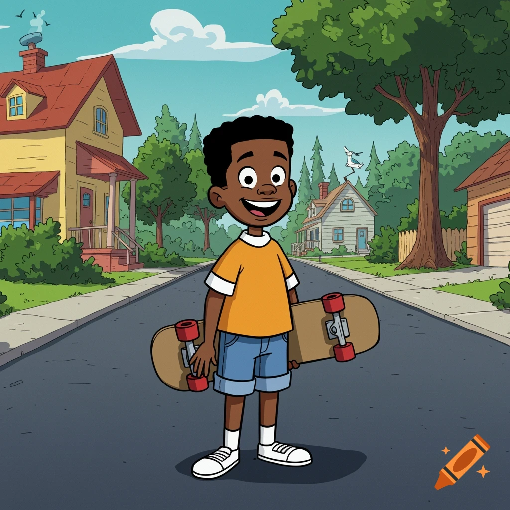 A smiling cartoon African American boy holds a skateboard in the middle of a suburban street with houses and trees.