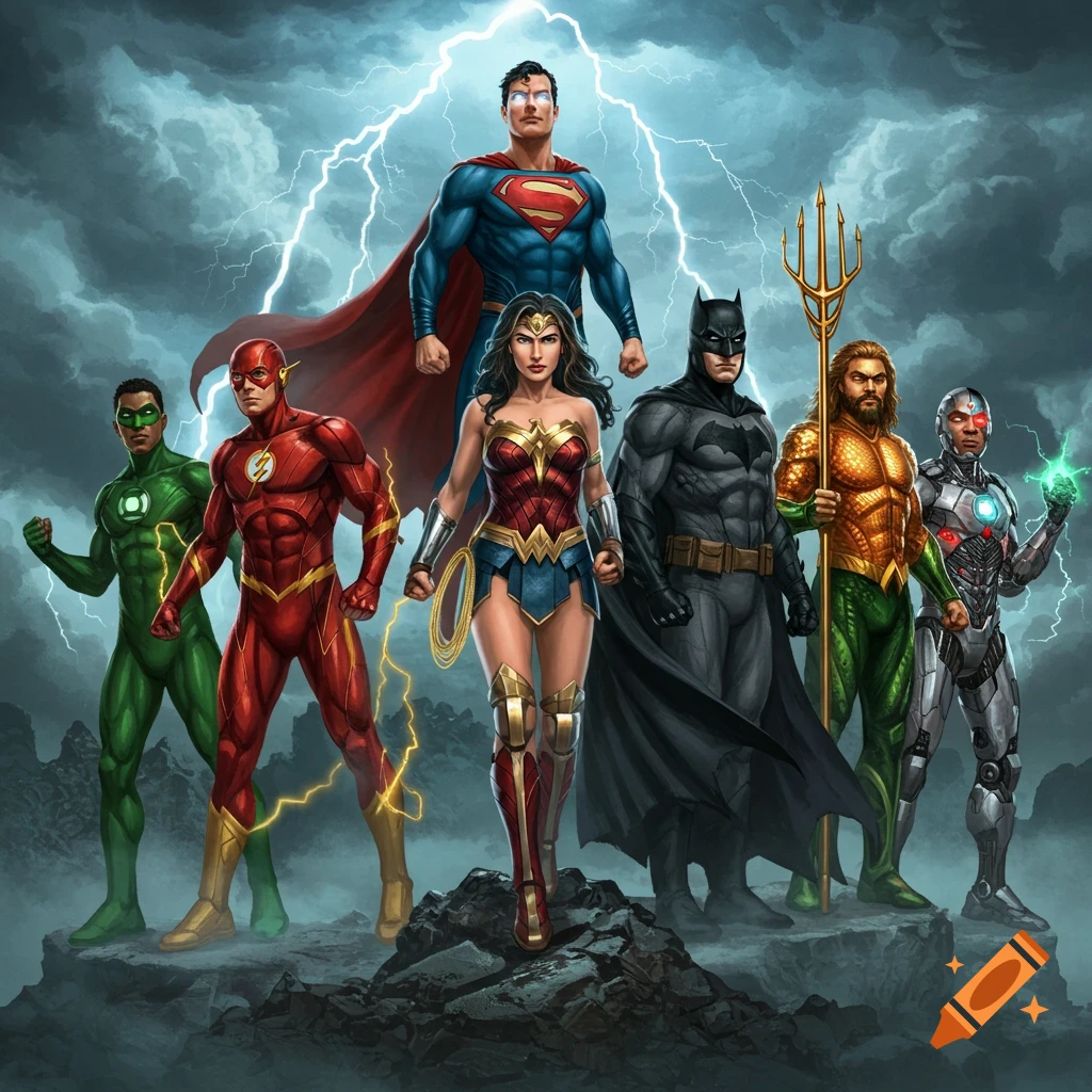 The Justice League, including Superman, Wonder Woman, Batman, and Flash, stands heroically against a stormy, lightning-filled sky in a vibrant comic book art style.