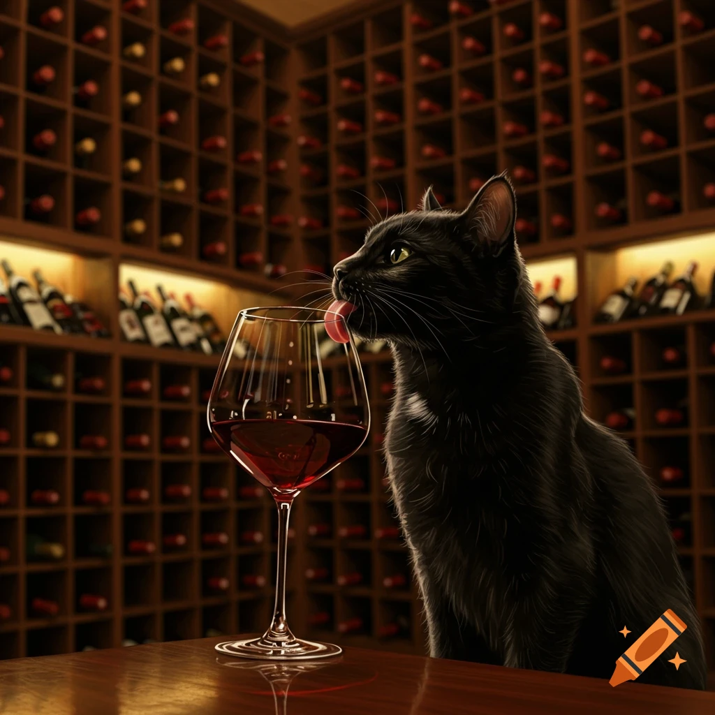 A black cat licking a glass of red wine on a table, with a large wine rack in the background. Photorealistic style.