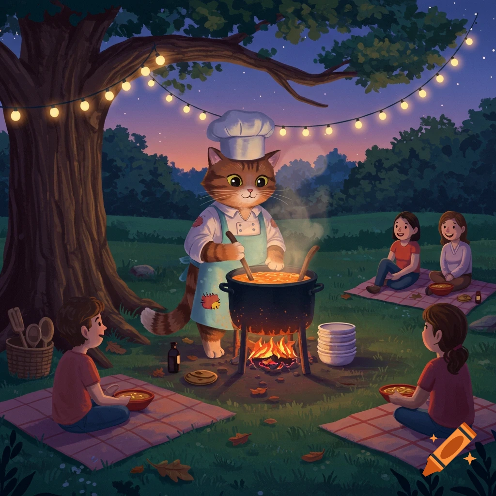 A whimsical illustration of an anthropomorphic cat chef cooking soup over a campfire for three children under a tree with string lights at dusk.