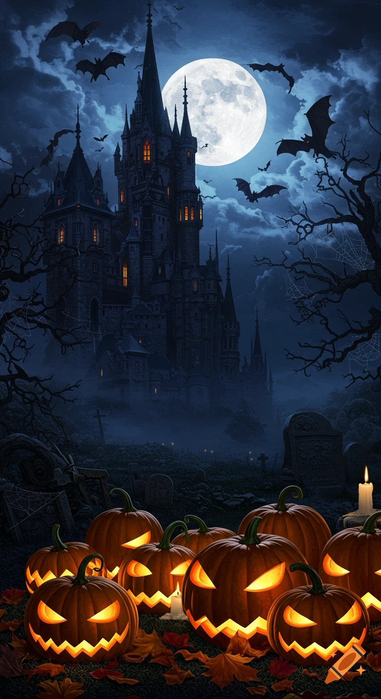 A spooky Halloween scene with a haunted castle under a full moon, bats, a graveyard, and glowing jack-o'-lanterns.