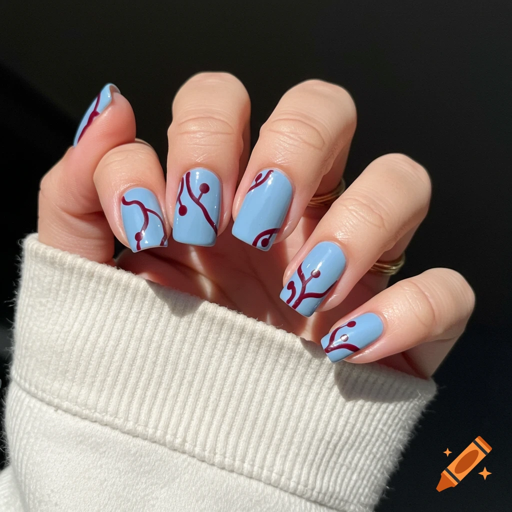 A hand with light blue nails decorated with dark red abstract vine patterns.
