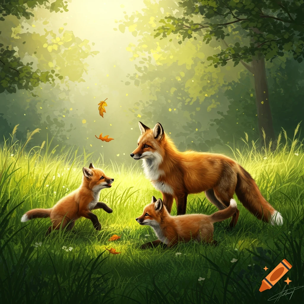 A mother fox and two kits playing in tall green grass in a sun-dappled forest.