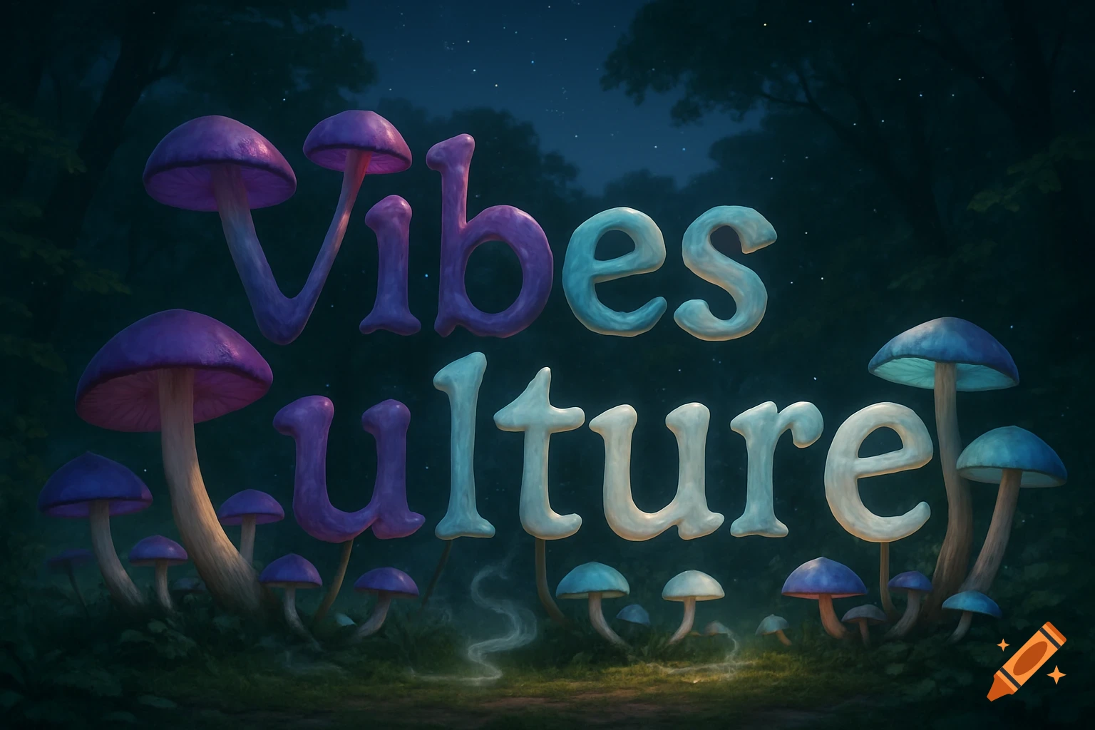 Glowing purple and blue mushroom letters spell 'Vibes Culture' in a dark, fantastical forest with stars.