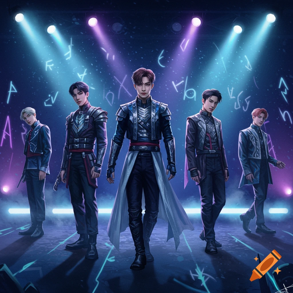 Five young men in ornate, futuristic-fantasy armor pose dramatically on a glowing stage.
