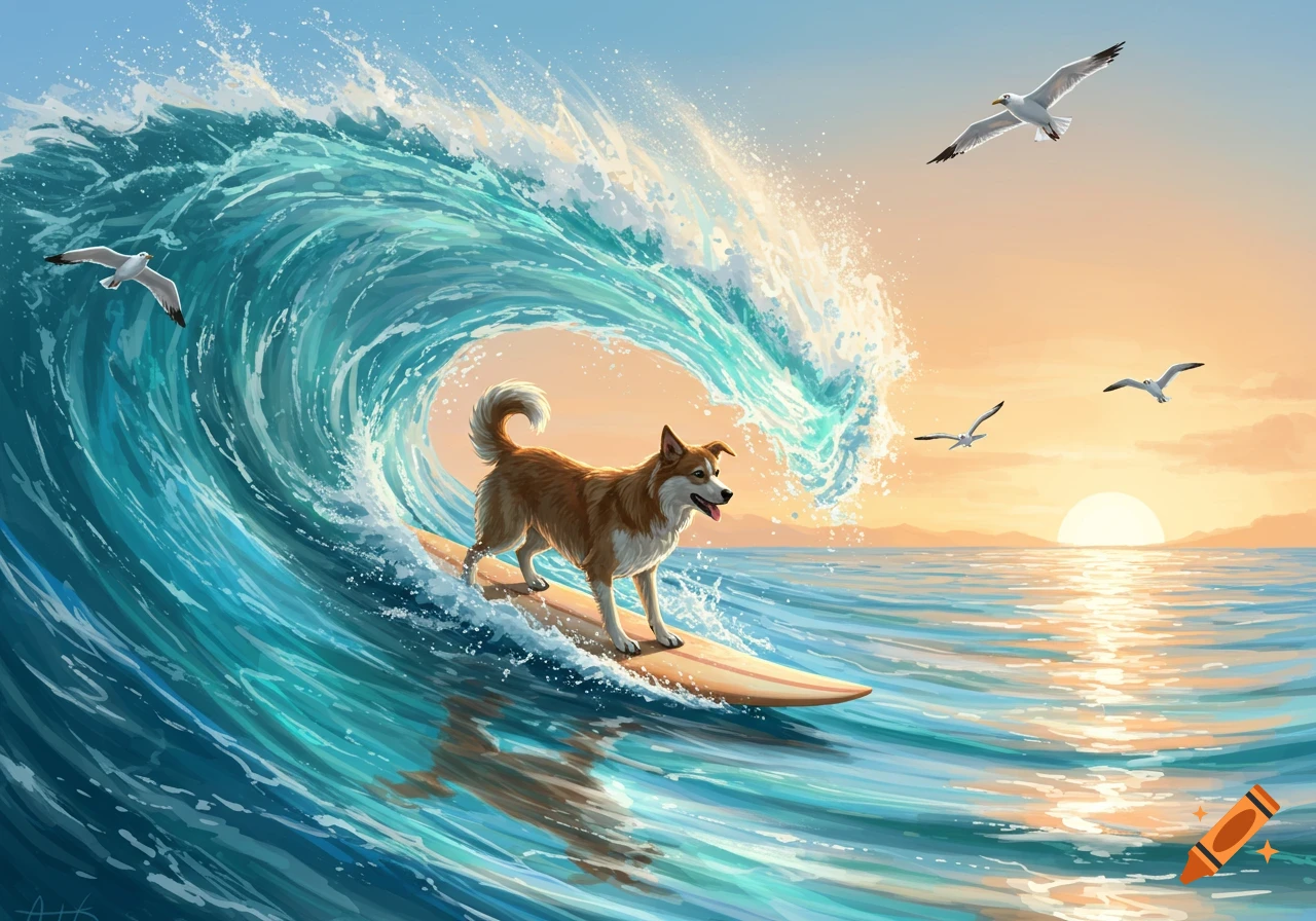 An illustration of a brown and white dog surfing on a large blue wave at sunset, with seagulls flying above.