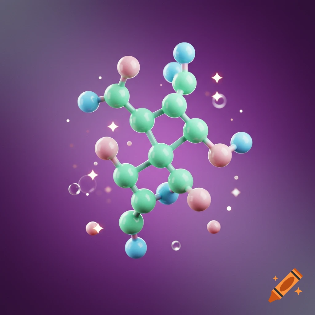 A 3D cartoon molecule with mint green, pink, and blue atoms on a purple background with sparkles.