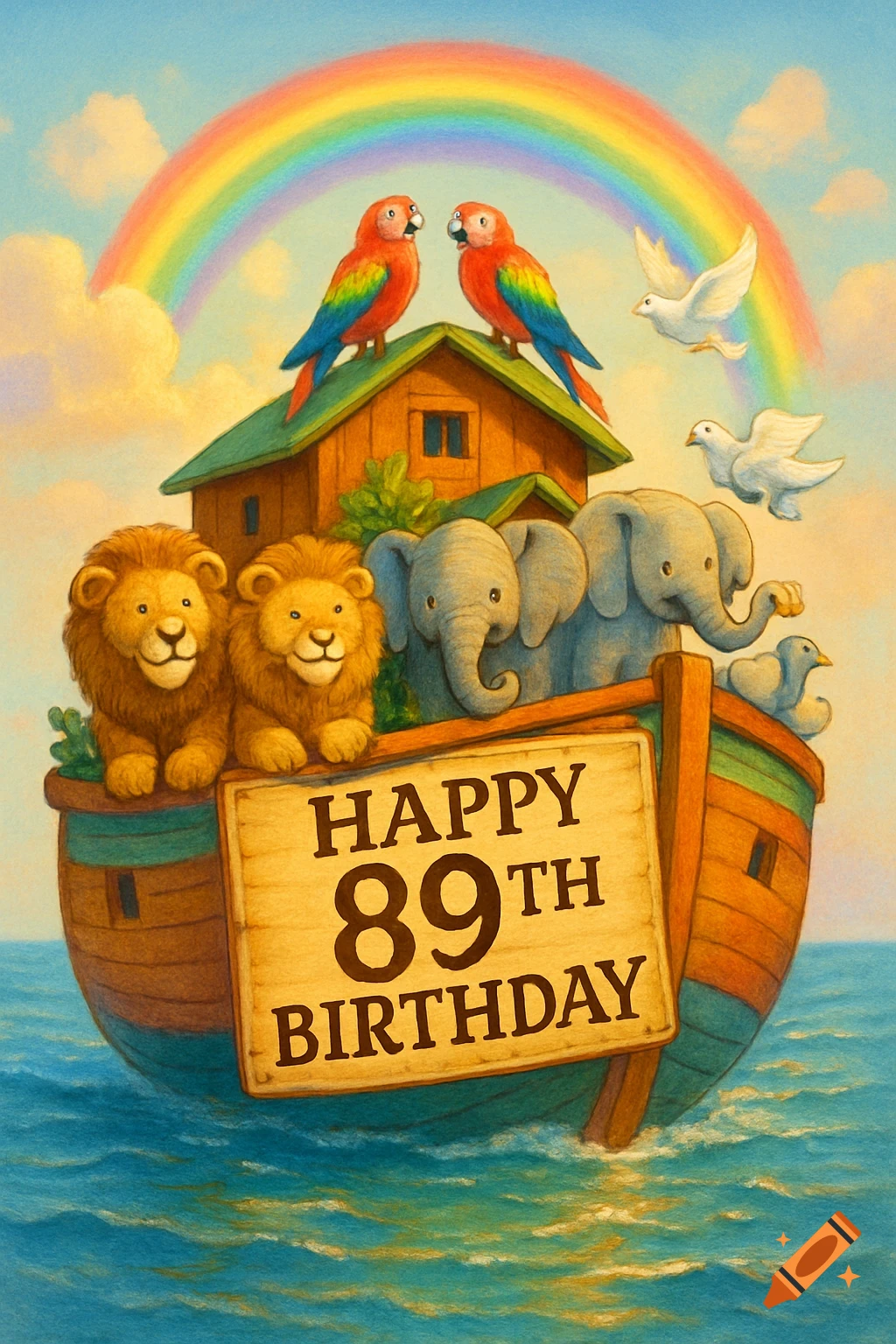Illustrated Noah's Ark with lions, elephants, parrots, and doves floating on water under a rainbow, featuring a 'Happy 89th Birthday' sign.