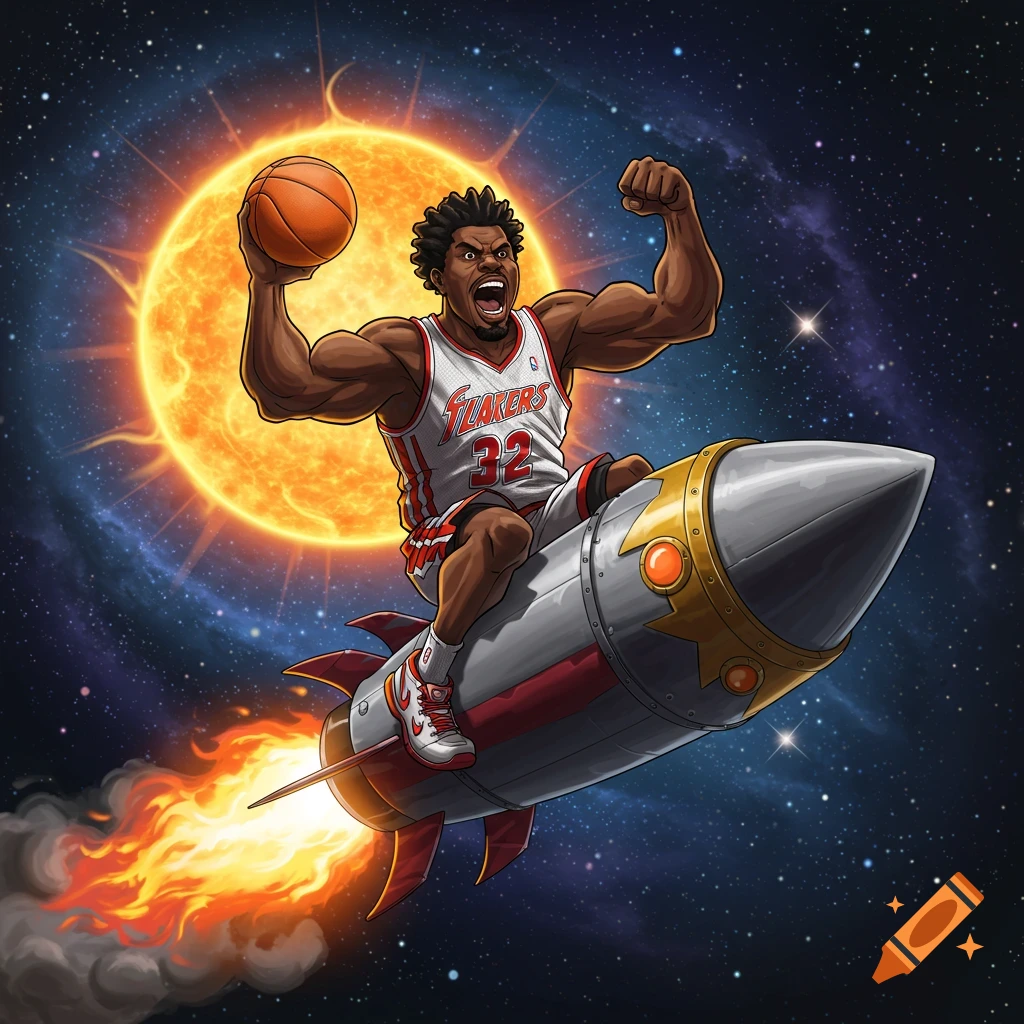 A muscular cartoon basketball player in a "FLAKERS 32" jersey rides a rocket through space towards a giant sun, holding a basketball.