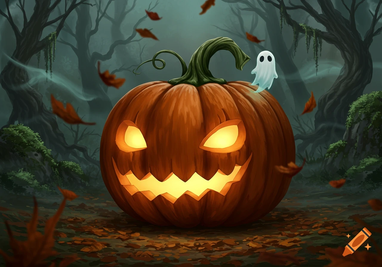 A whimsical illustration of a glowing jack-o'-lantern with a cute ghost in a dark, misty forest with falling autumn leaves.