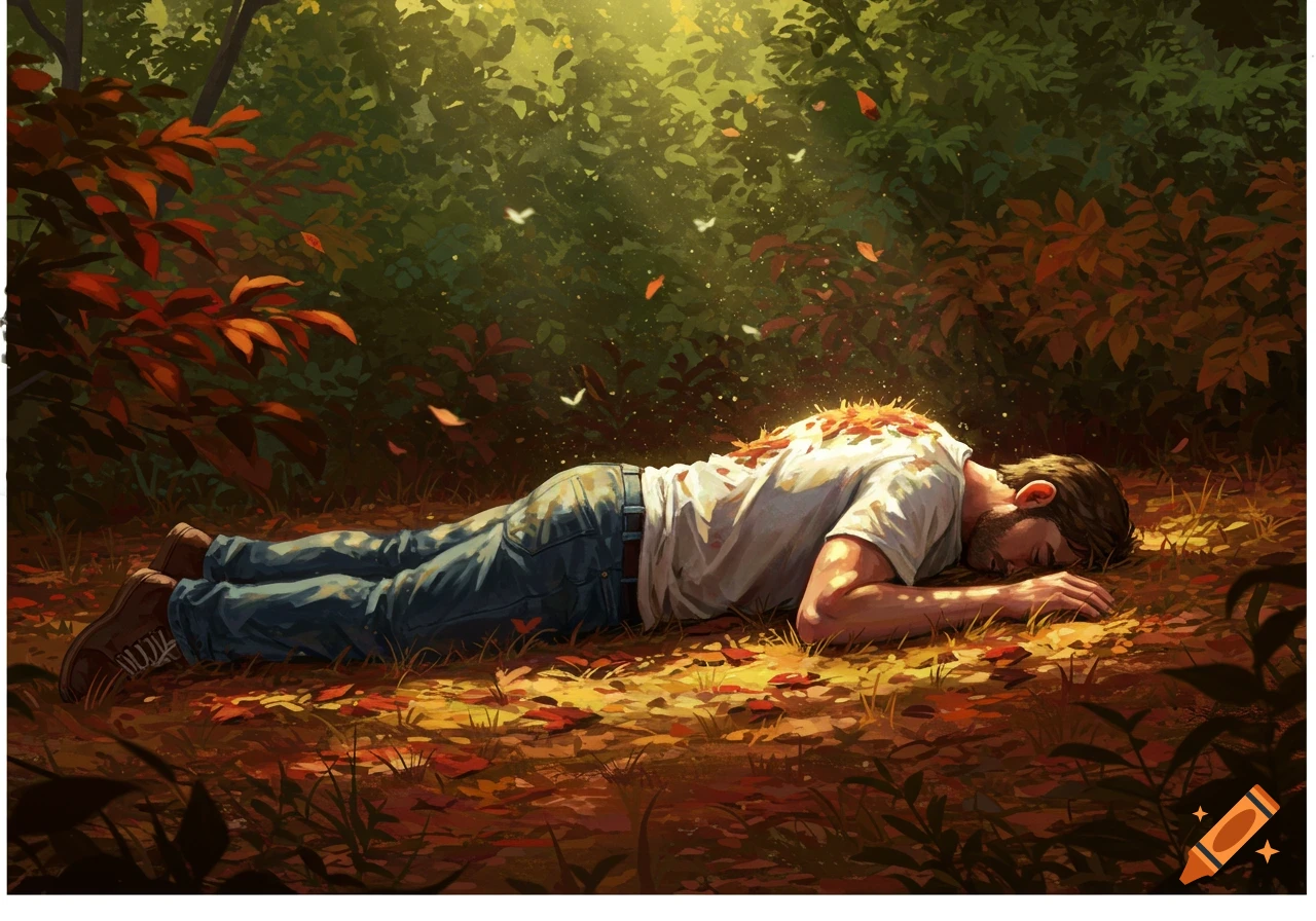 An illustration of a man lying face down on the ground in a sunlit forest, covered in autumn leaves.