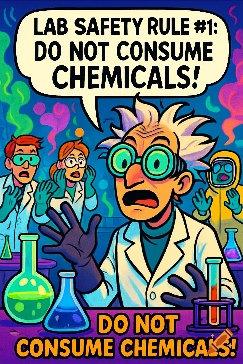 Cartoon lab safety poster depicts panicked scientists with colorful smoke, text reads 'DO NOT CONSUME CHEMICALS!'.
