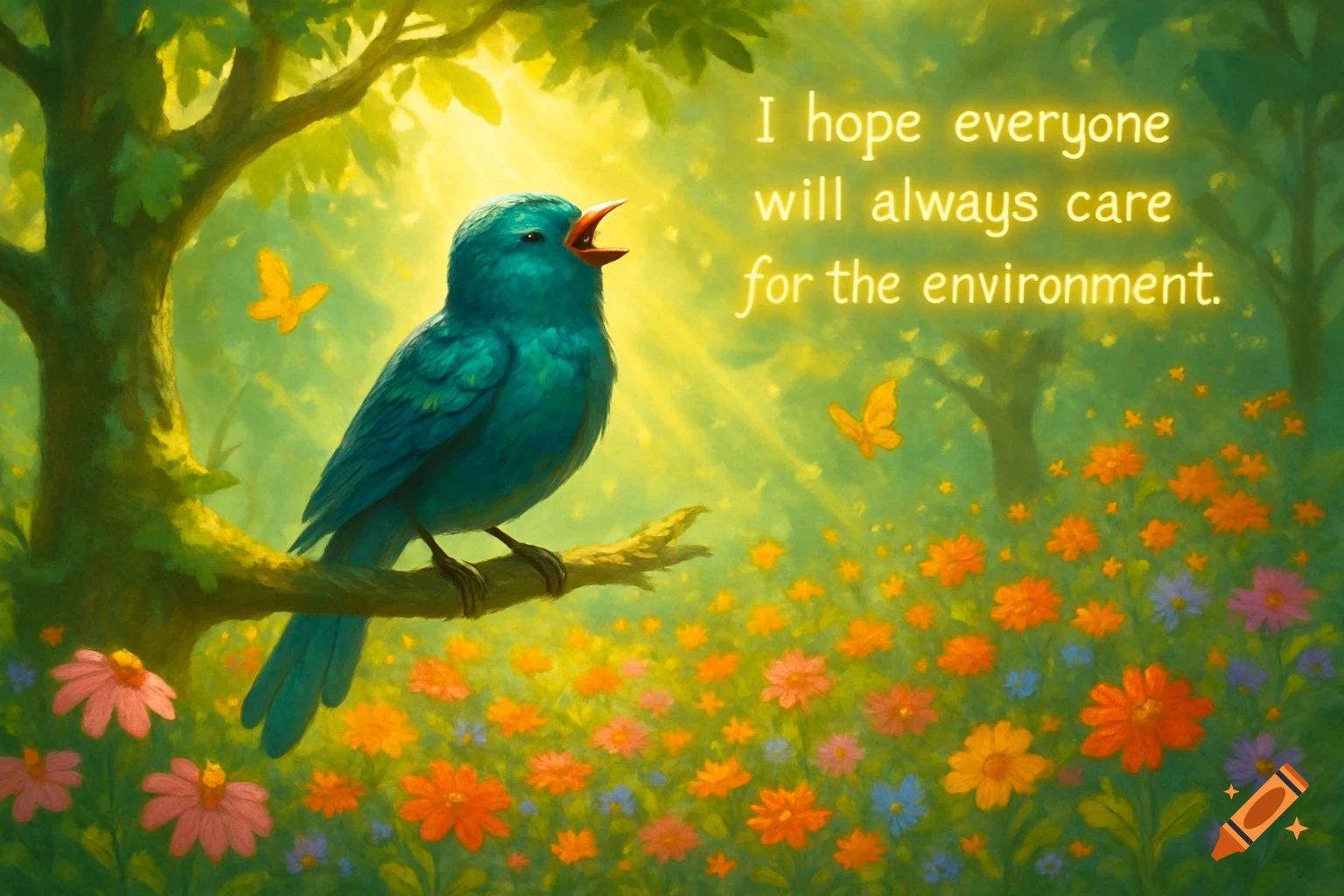 A vibrant turquoise bird on a branch in a sunny, flower-filled forest. Text: 'I hope everyone will always care for the environment.' Painterly art.