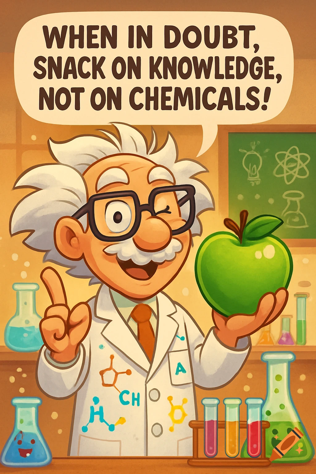 A happy cartoon scientist in a lab coat winks, holding a green apple and pointing up, with a speech bubble containing a pun about knowledge and chemicals.