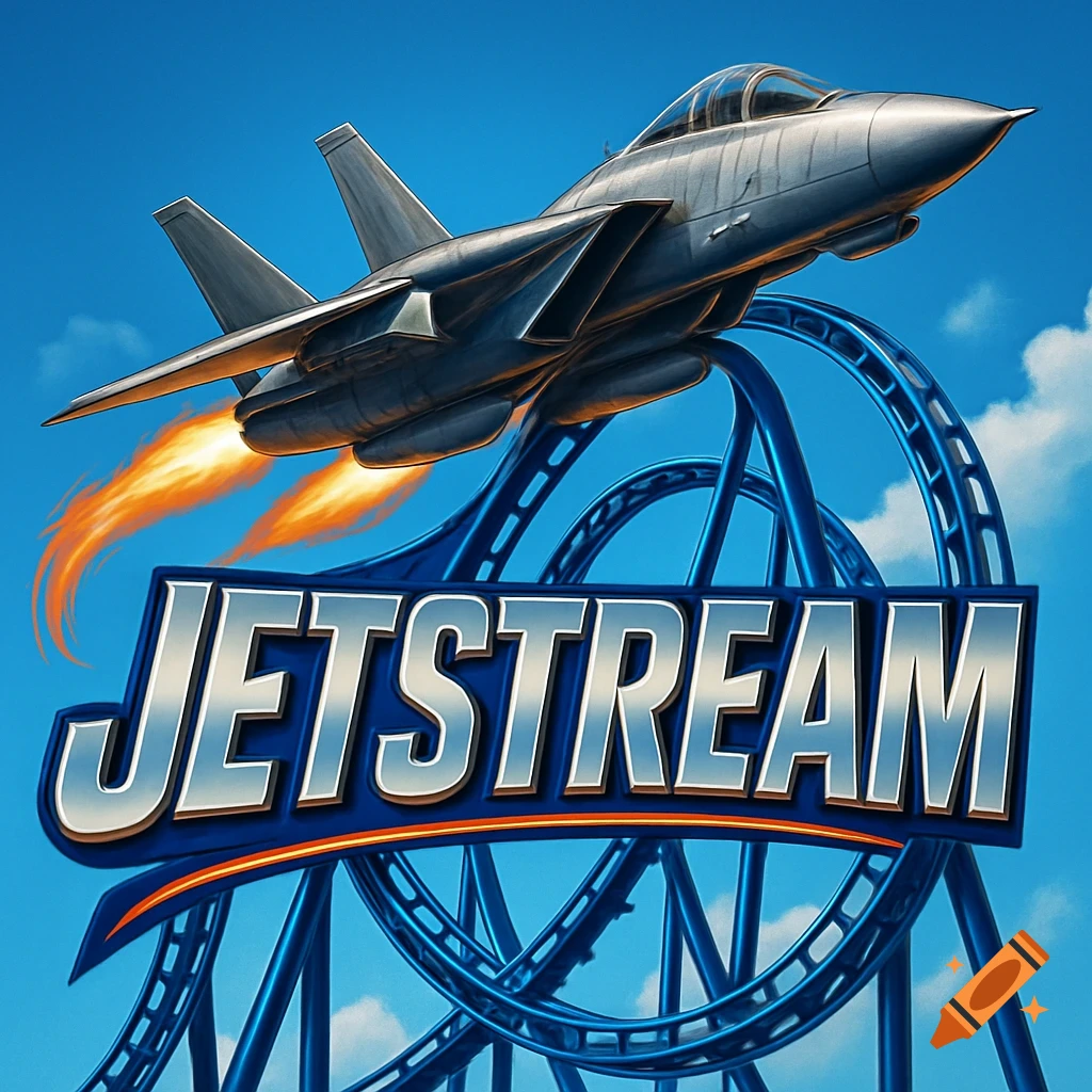 An F-14 Tomcat jet flies over a blue roller coaster sign with 'JETSTREAM' text against a blue sky.