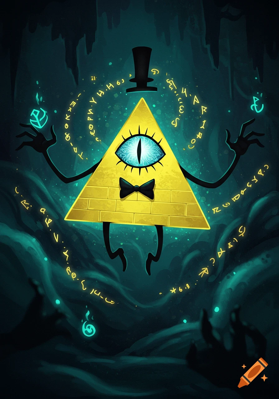 A yellow triangular demon with one large blue eye, wearing a top hat and bowtie, floats surrounded by glowing teal symbols in a dark, cave-like setting.
