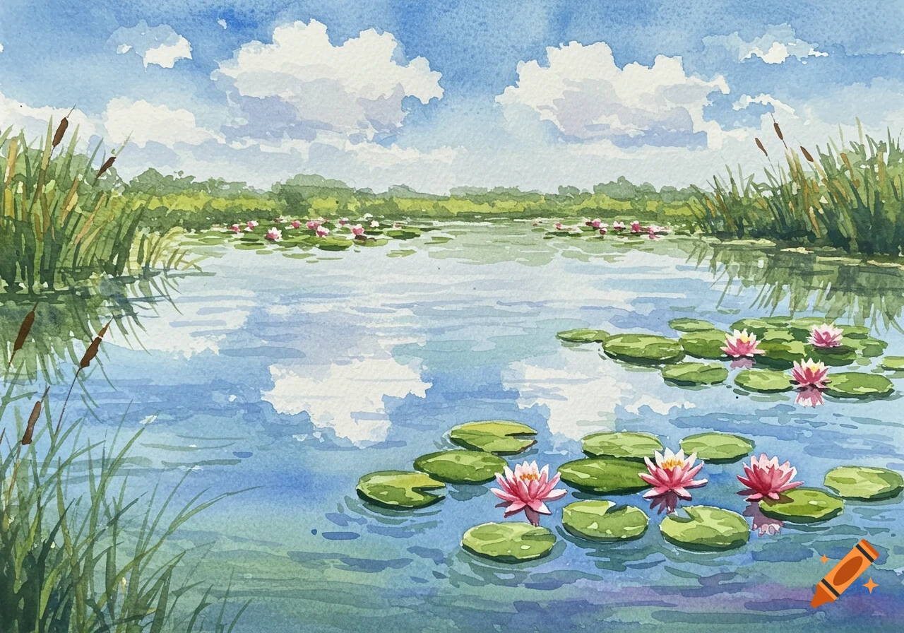 A serene watercolor painting of a lily pond with pink water lilies, green pads, reeds, and reflections of a cloudy blue sky.