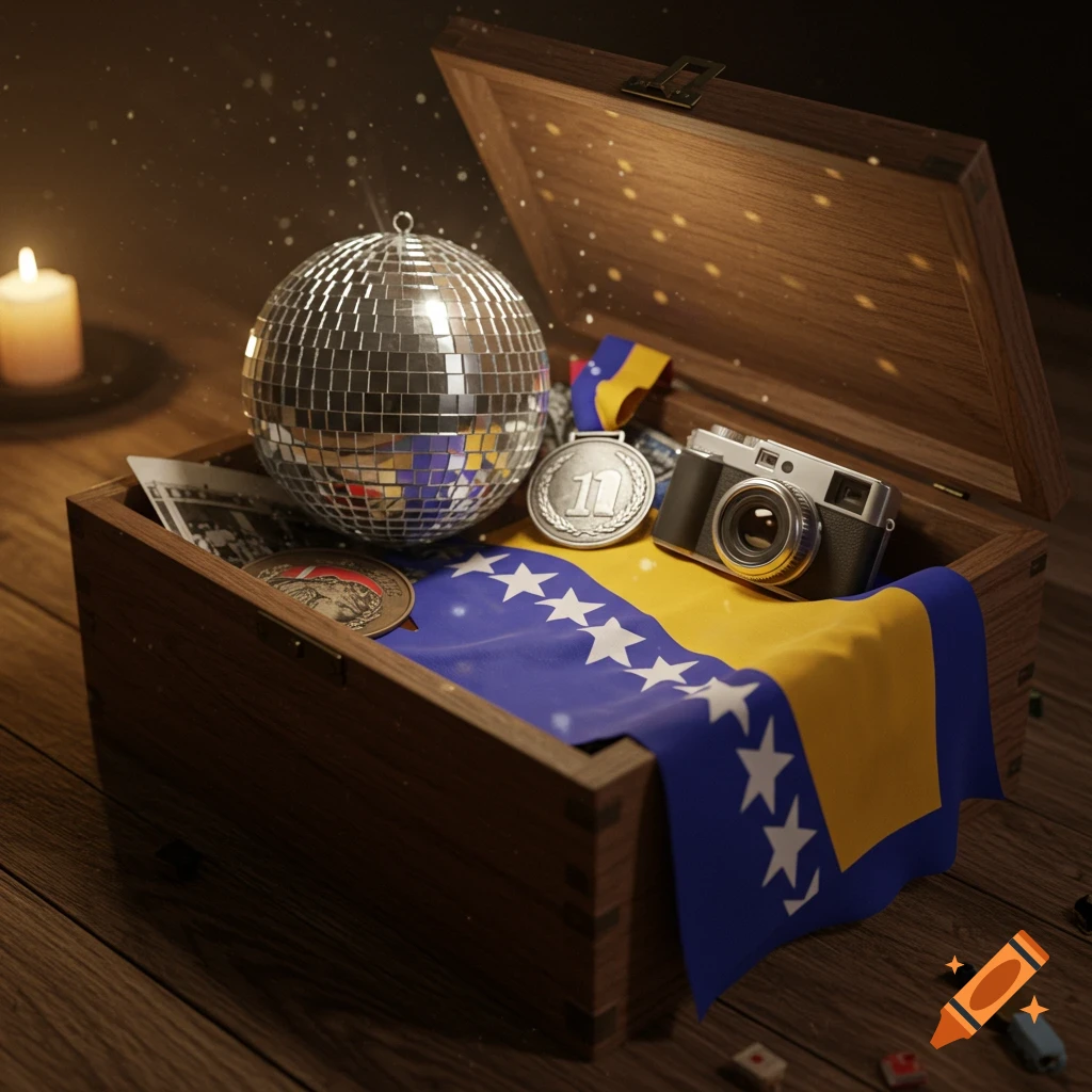 A wooden time capsule box open, revealing a disco ball, a silver medal with "11" on it, a Bosnian flag, a vintage camera, and old papers, illuminated by a candle and sparkling lights.
