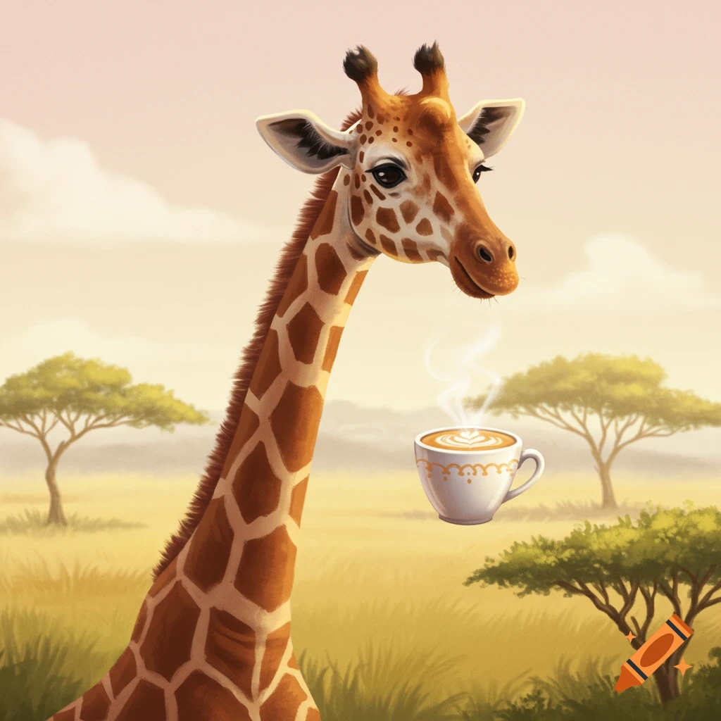 A cartoon giraffe with a long neck and a steaming latte in a white cup, in a sunny savannah landscape.