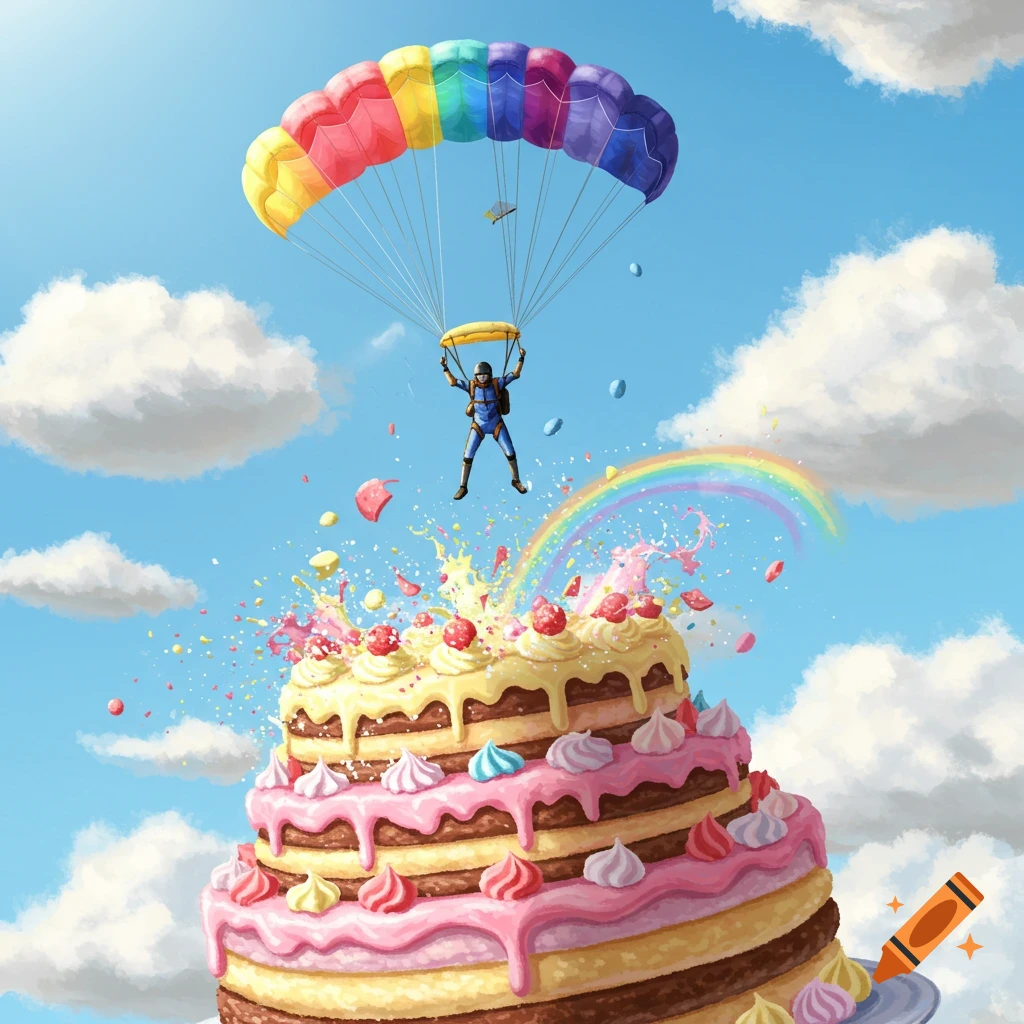 A vibrant illustration of a skydiver with a rainbow parachute descending towards a giant, colorful cake under a blue sky with clouds.