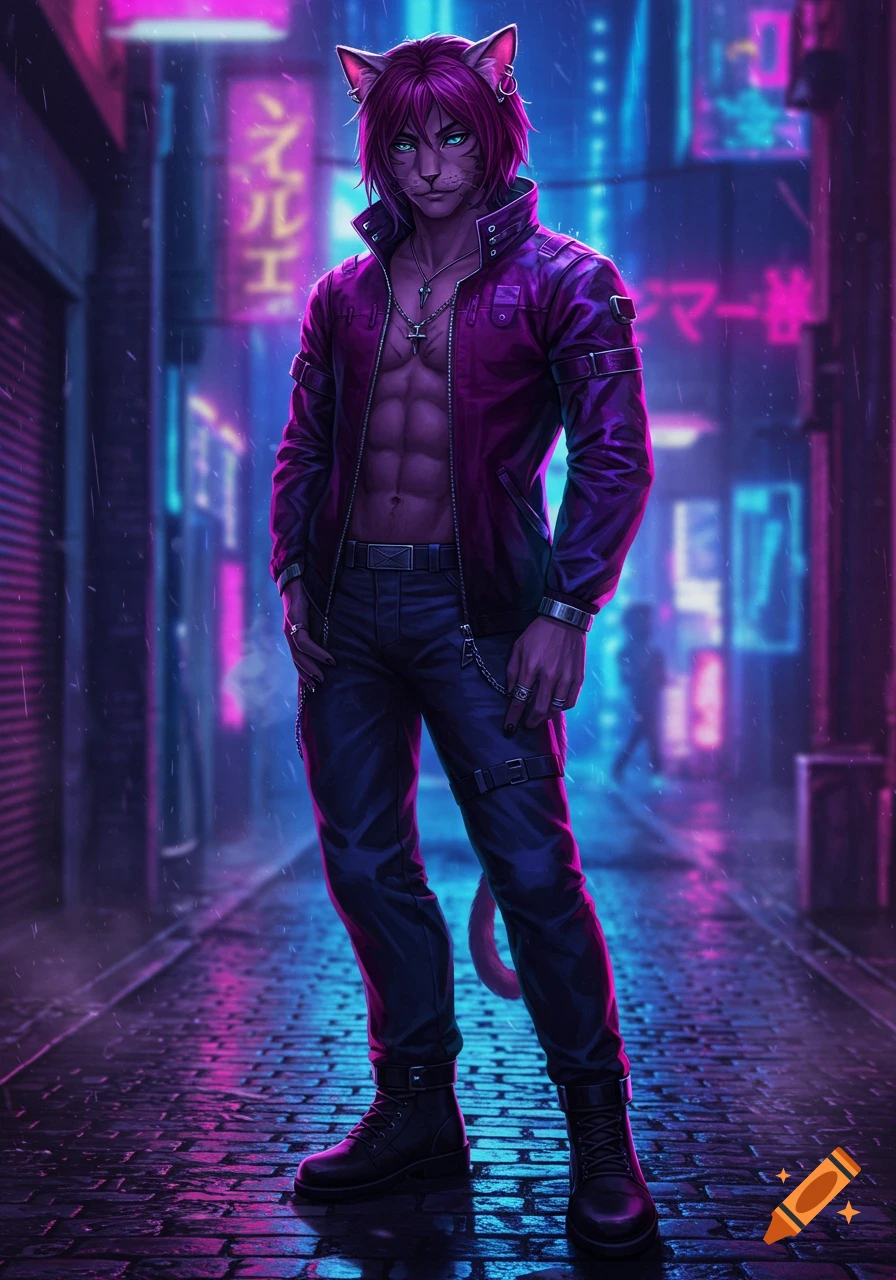 Purple-haired catboy with an open jacket showing abs, stands in a neon-lit cyberpunk alley in a detailed anime style.
