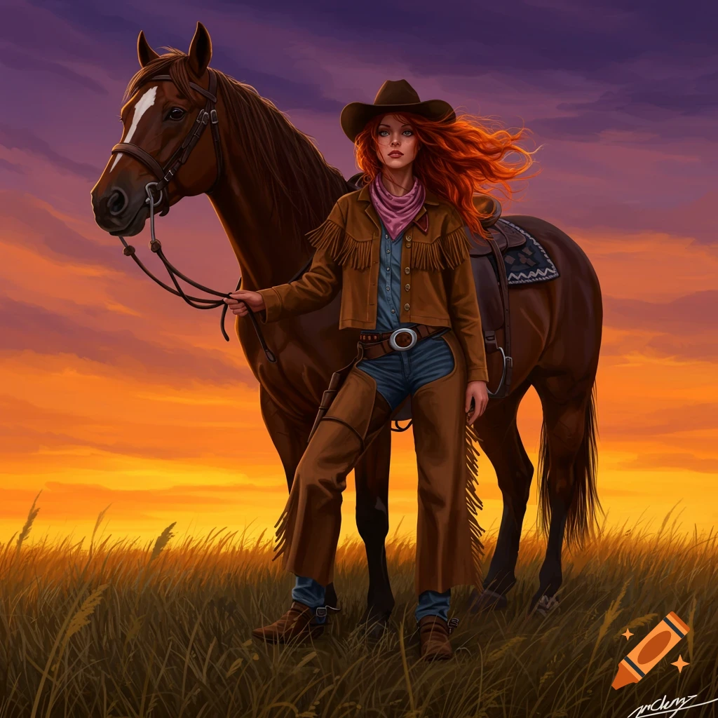 Red-haired cowgirl in a fringe jacket and chaps stands with her horse in a grassy field at sunset, digital painting.