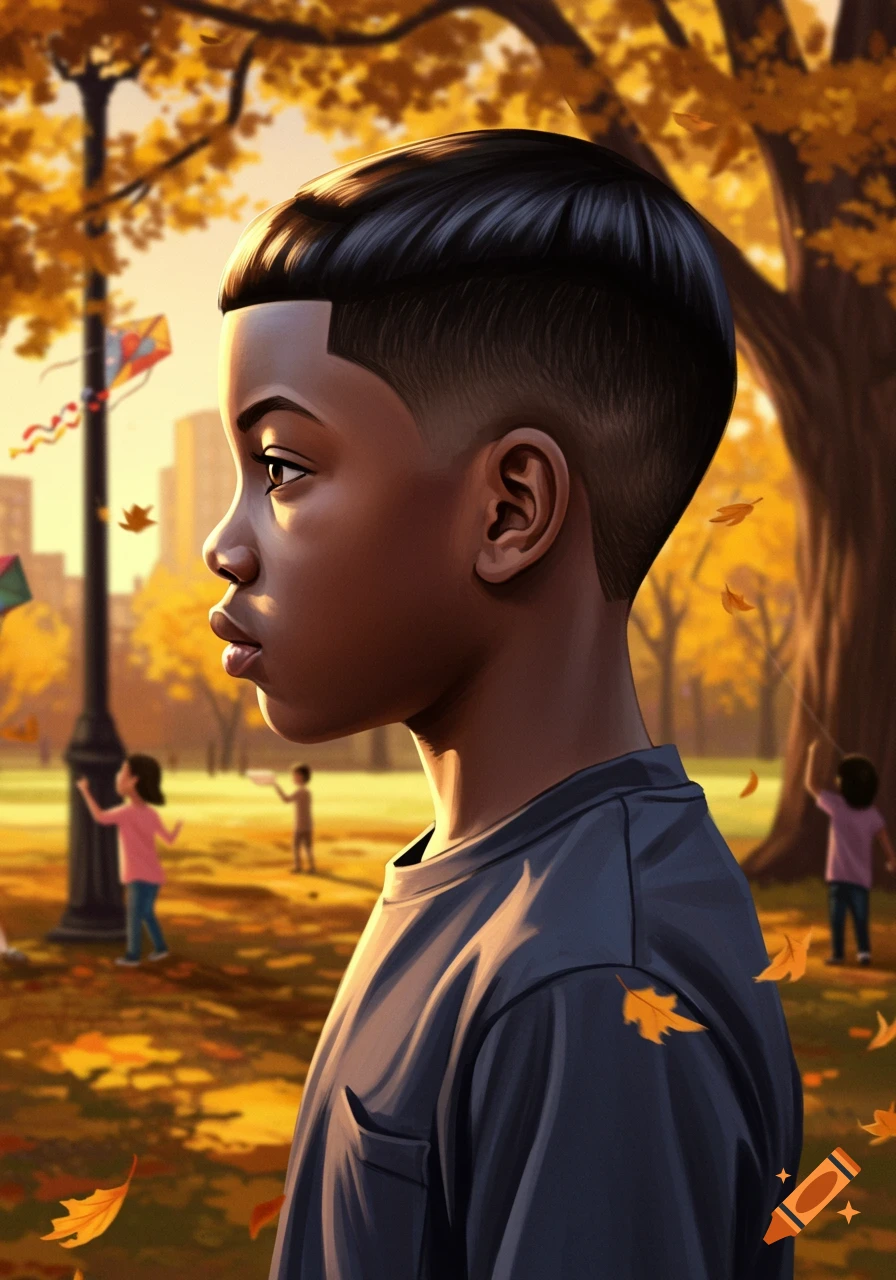 Stylized illustration of a young Black boy in profile, with a fresh haircut, in a vibrant autumn park.