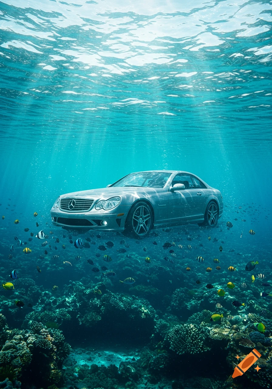 A silver Mercedes-Benz coupe hovers underwater above a vibrant coral reef, surrounded by schools of colorful fish, with sunlight dappling from the surface.
