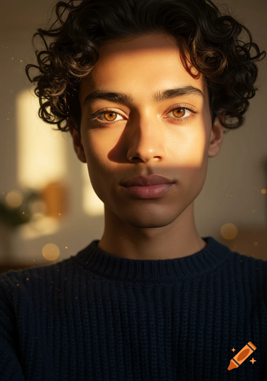 A close-up photorealistic portrait of a young man with curly dark hair and light brown eyes, half his face bathed in golden sunlight.